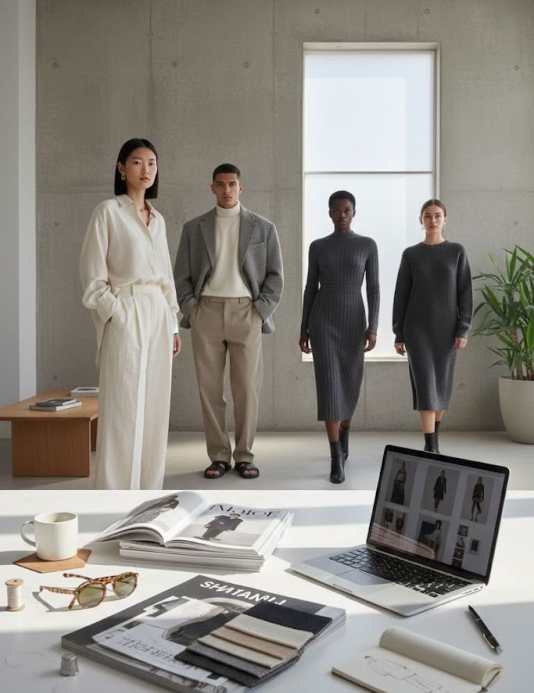Minimalist fashion flat lay on a wooden desk.