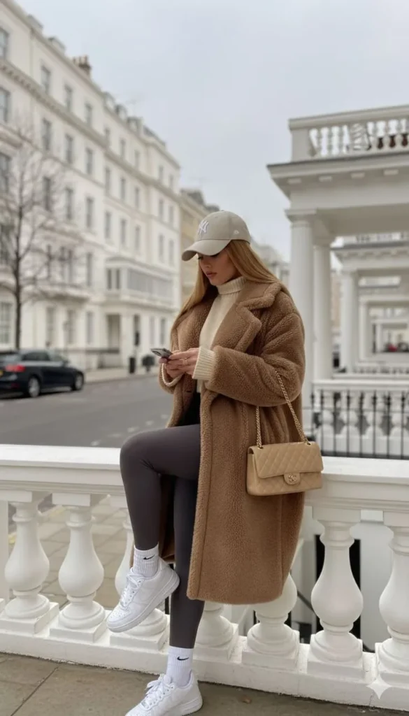 Neutral winter outfit featuring a camel teddy coat, cream sweater, leggings, white sneakers, and a beige crossbody bag in a city street setting.
