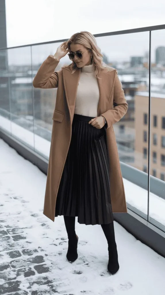 Office-ready winter outfit featuring a camel coat, cream turtleneck, black pleated midi skirt, tights, and ankle boots in a snowy urban setting.