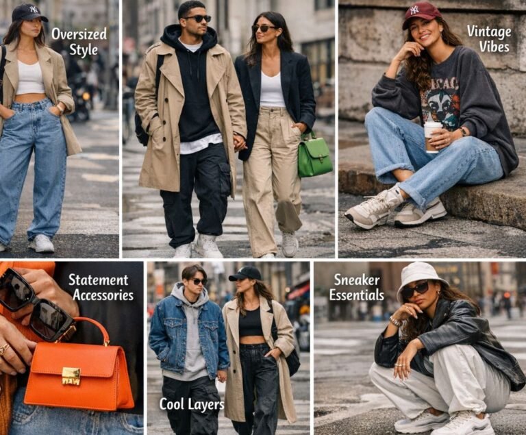 Vintage-inspired street style outfit with oversized sweatshirt and jeans