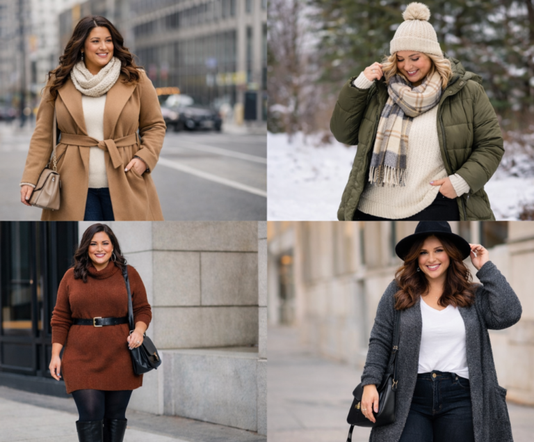 Curvy woman wearing a stylish winter outfit with coat and boots for warmth and comfort