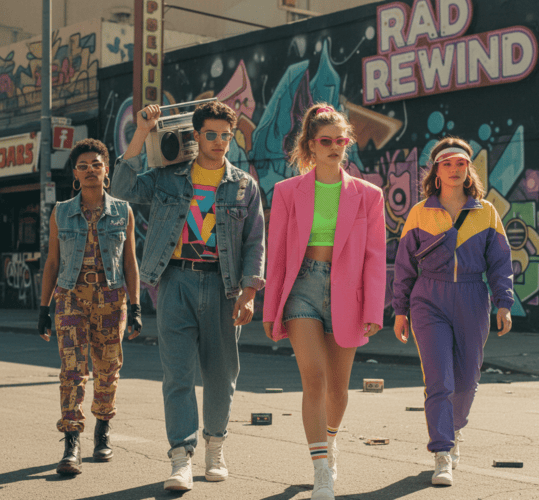 Group of young adults wearing bold 80s-inspired outfits—neon tops, denim jackets, oversized blazer, and tracksuits—walking confidently on an urban street with colorful retro graffiti in the background.