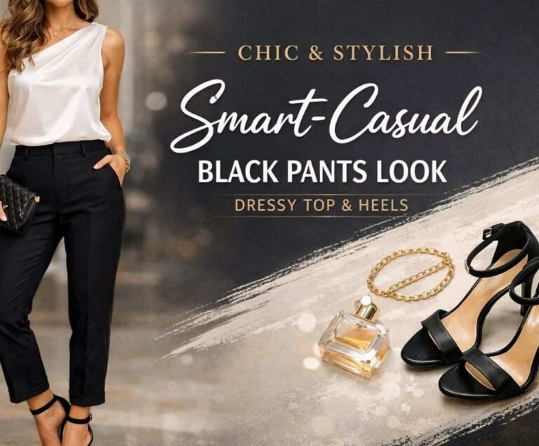 Smart-casual black pants look with dressy top and heels