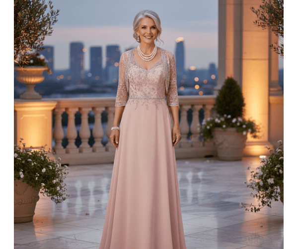 Elegant blush dress for the groom’s mother with lace details