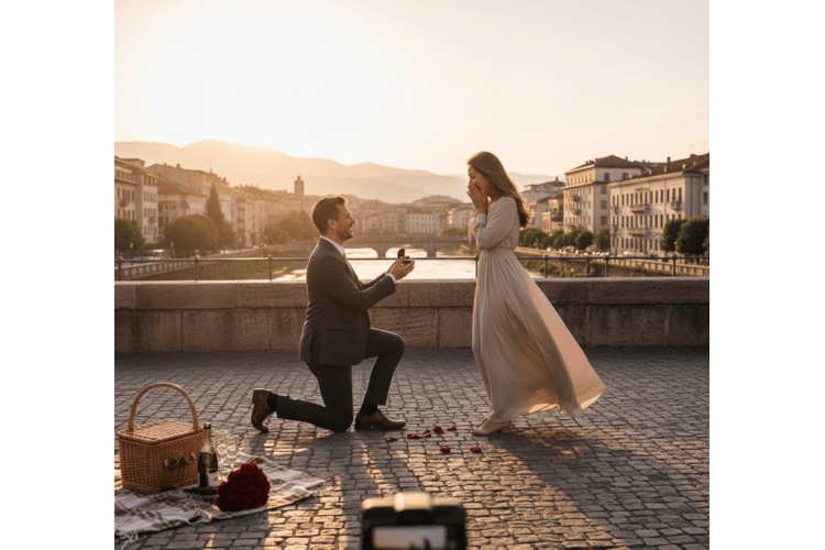 A man kneels to propose with a ring to his partner on a scenic bridge at sunset, capturing a romantic and intimate engagement moment.
