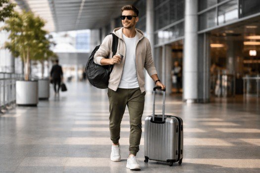 Stylish man wearing a beige hoodie, olive joggers, and white sneakers, walking through an airport terminal with a suitcase, backpack, sunglasses, and coffee in hand.