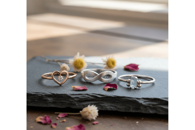 Minimalist promise rings in silver and rose gold displayed on a stone slab, featuring heart, infinity, and gemstone designs, styled for modern ring finger trends