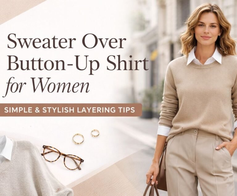 Smart casual outfit with sweater over button-up shirt for women
