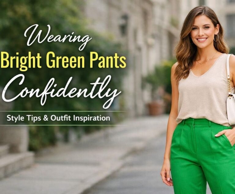 Model wearing bright green pants with a neutral top for a confident look