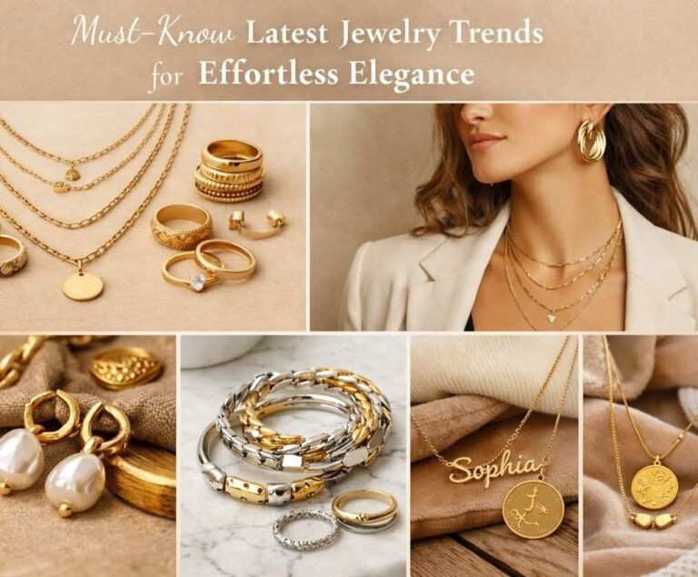 Latest jewelry trends featuring minimalist gold necklaces and stacked rings