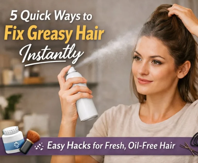 Woman fixing greasy hair using quick hair hacks