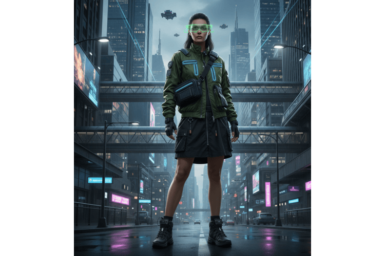 Woman wearing futuristic functional fashion outfit with utility jacket, cargo skirt, combat boots, and smart glasses standing in a cyberpunk city street with neon lights and modern skyscrapers.