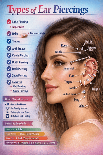 A woman’s ear with labeled piercing placements including lobe, upper lobe, helix, forward helix, tragus, anti-tragus, conch, daith, rook, snug, flat, auricle, and industrial. The image also includes a pain and healing guide chart and pre-piercing care tips.