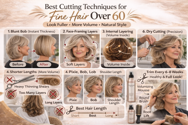 Infographic showing best cutting techniques for fine hair over 60 including blunt bob, face-framing layers, and dry cutting