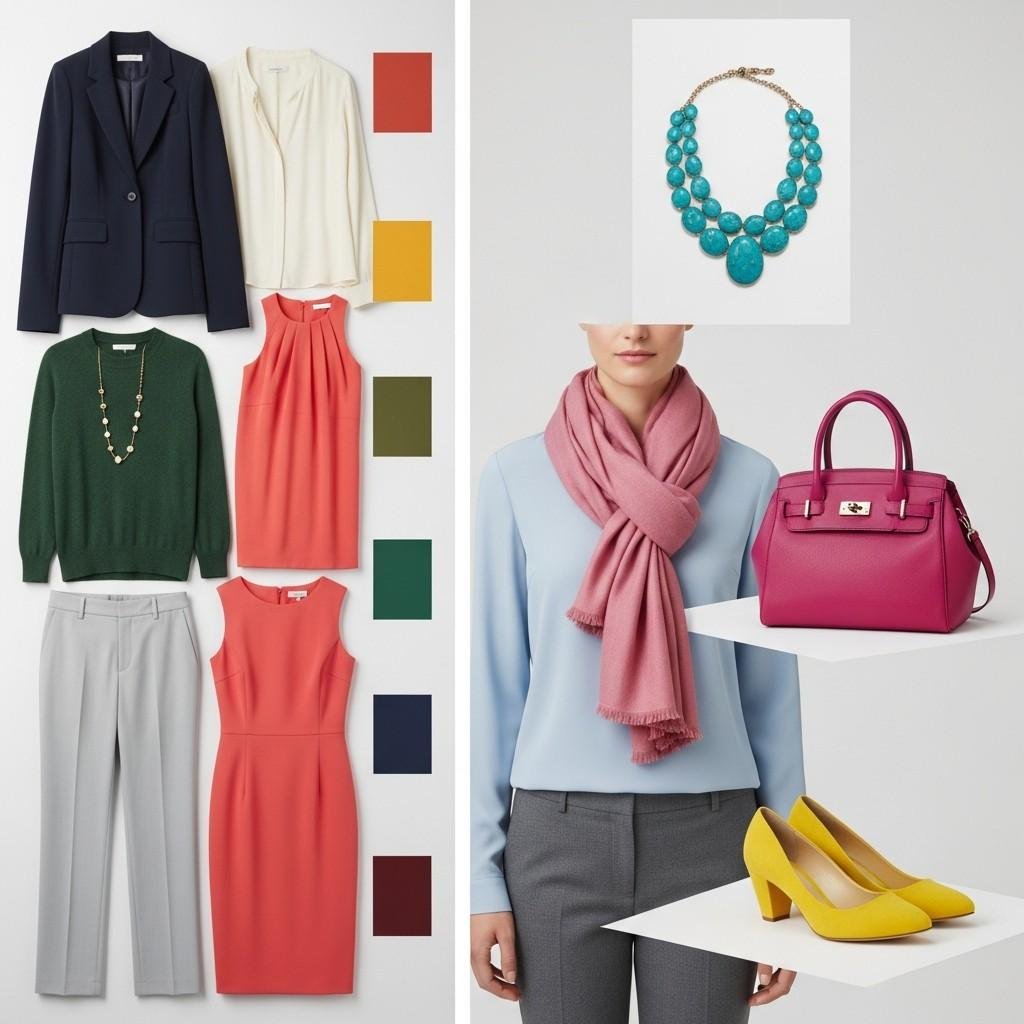 A curated wardrobe layout showing a navy blazer, cream blouse, green sweater, grey trousers, and coral dresses alongside a color palette. On the side, a model wears a light blue top with a pink scarf, paired with a bright pink handbag, yellow heels, and a turquoise statement necklace.