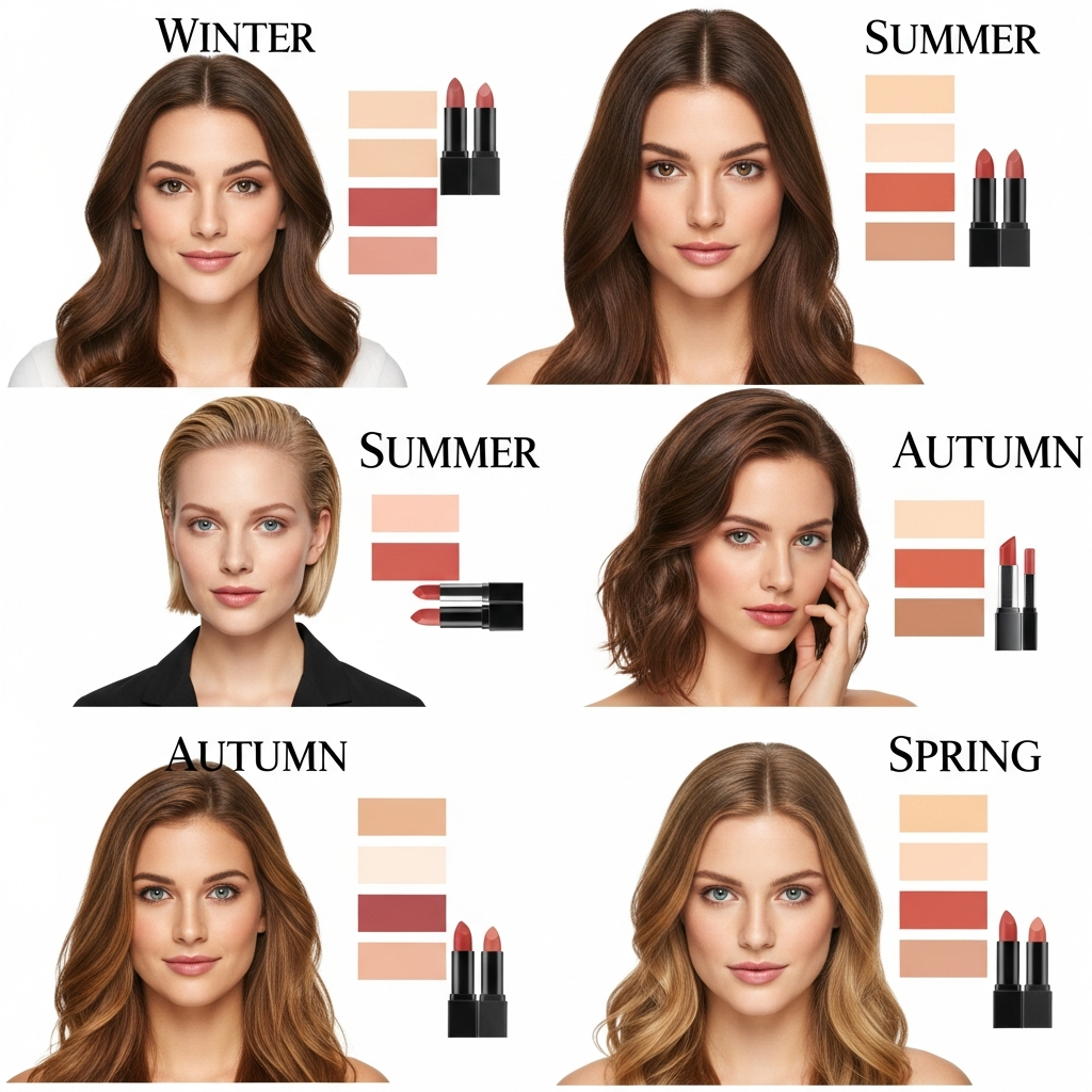 A visual guide showing six women categorized into seasonal color types—Winter, Summer, Autumn, and Spring—each paired with matching lipstick shades and color palettes that complement their skin tone, hair, and overall appearance.