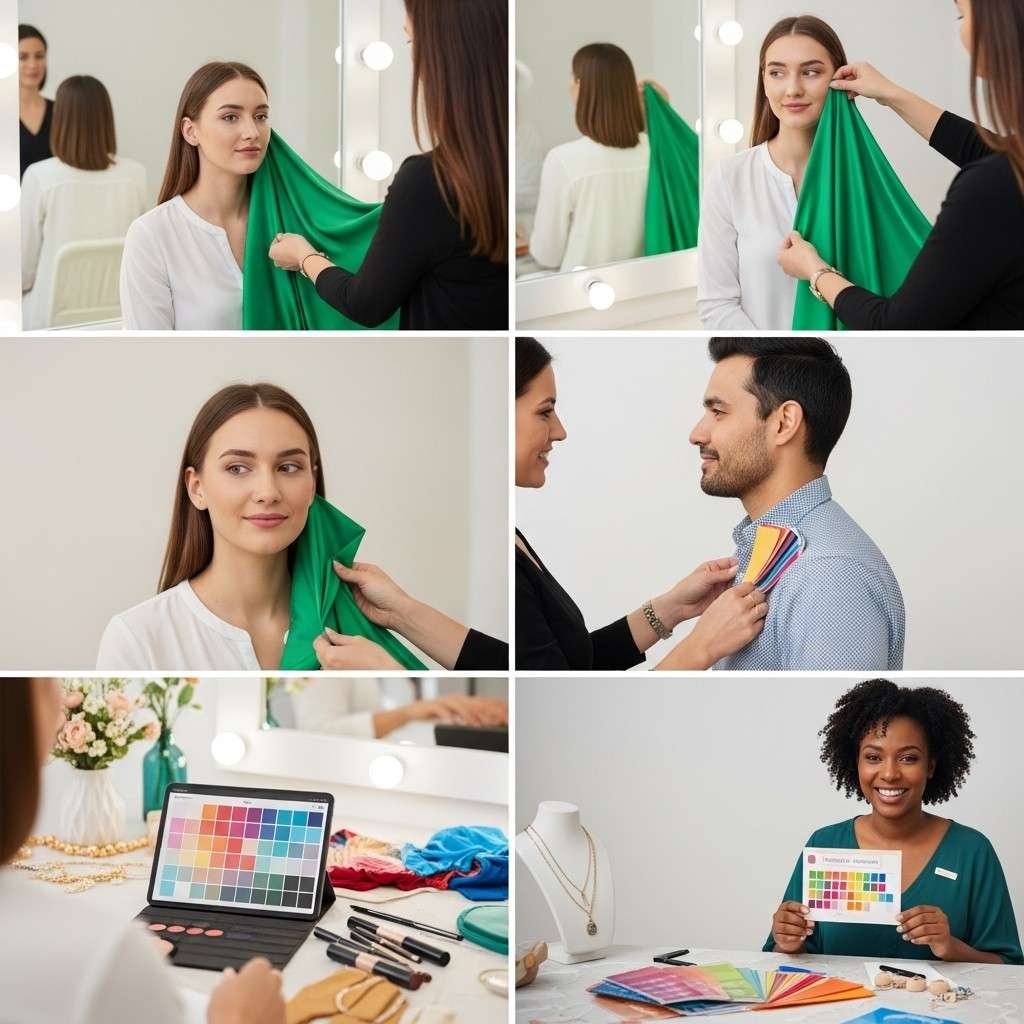Professional color analysis process with fabric draping, color swatches, and personal palette consultation