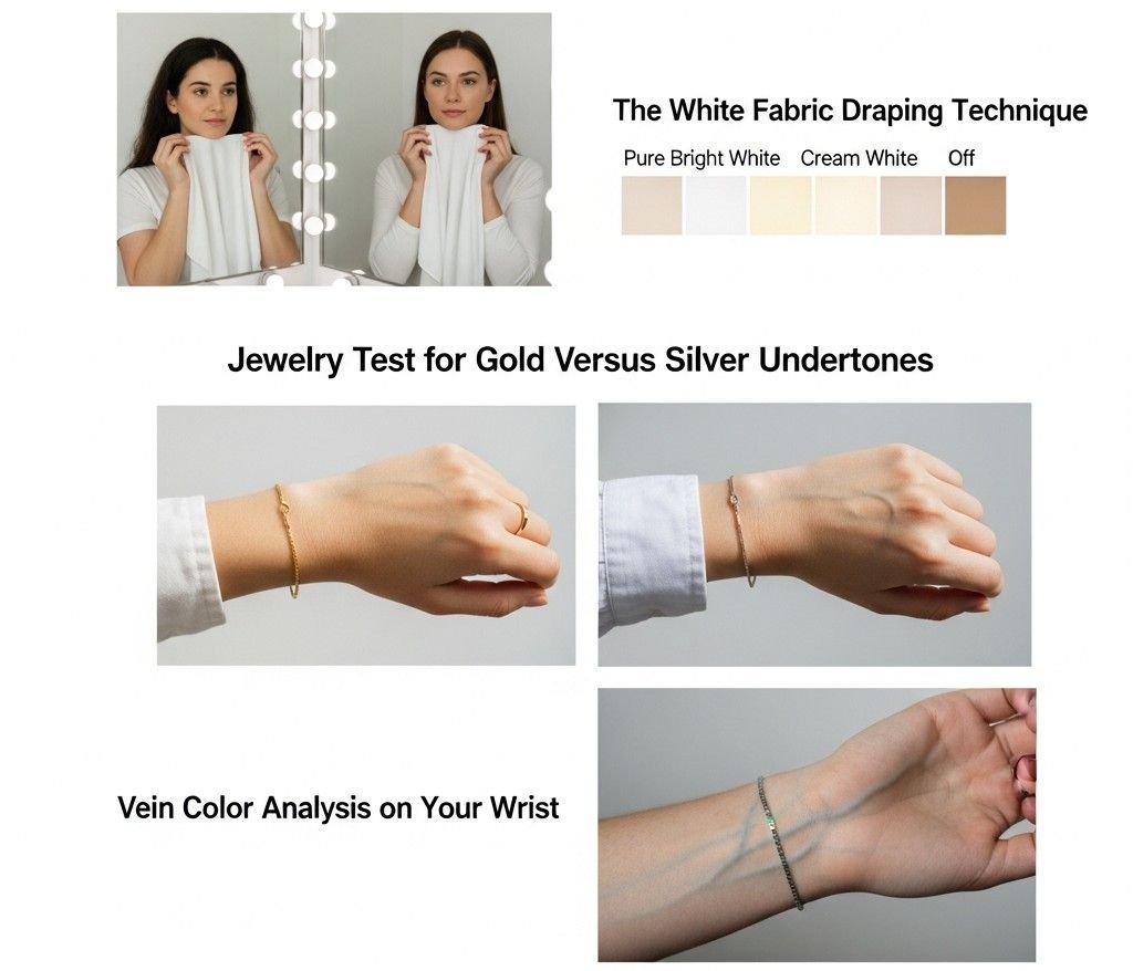 At-home color analysis methods showing white fabric draping, gold vs silver jewelry test, and wrist vein color check
