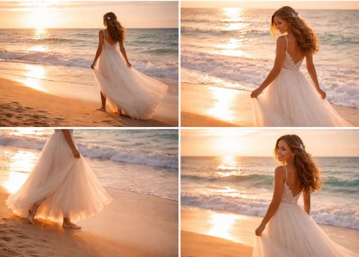 ultimate beach wedding dresses flowing chiffon gown on sandy beach