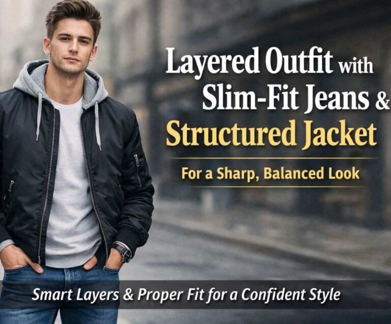 Skinny man wearing layered outfit with slim-fit jeans and structured jacket for a balanced stylish look