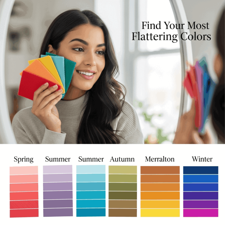 Woman holding color swatches for personal color analysis with seasonal palettes including spring, summer, autumn, and winter tones
