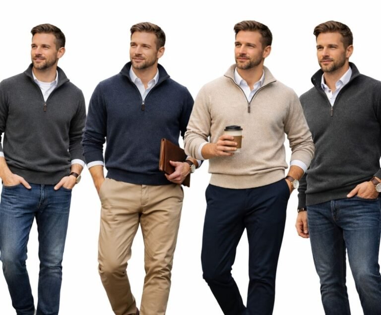 Men wearing half zip sweaters styled with jeans, chinos, and trousers for casual and smart casual outfits