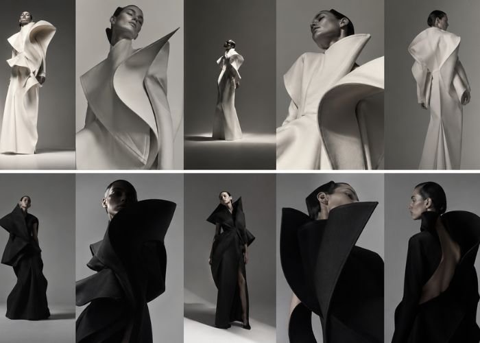 Avant garde fashion 2026 with bold structured silhouette and futuristic design