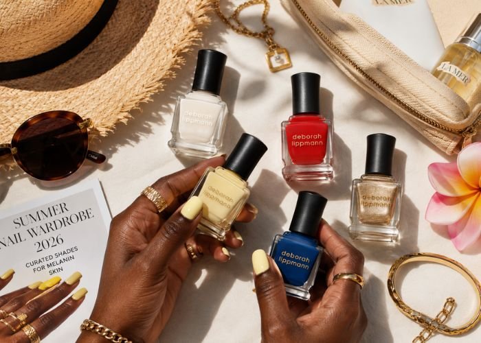 Summer nail wardrobe essentials for dark skin tones featuring butter yellow, tomato red, cobalt blue, milky white, and metallic gold nail polish