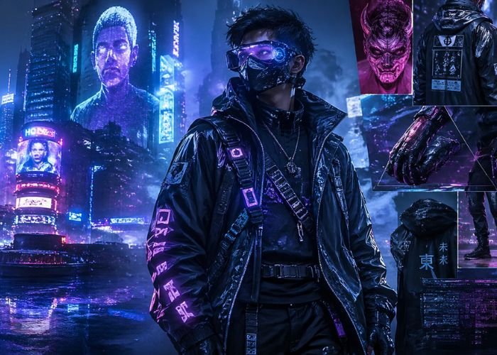 Cyberpunk fashion guide featuring futuristic neon outfits, edgy streetwear, and high-tech accessories in a dark urban setting
