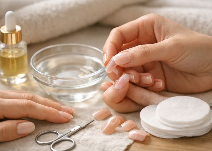 Woman safely removing press-on nails at home using warm water and cuticle oil, gentle nail care process close-up