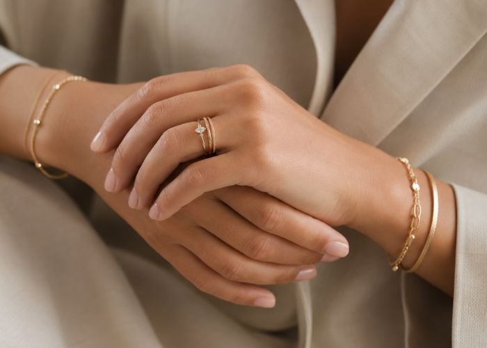 Promise ring styled with stacking rings and bracelets.