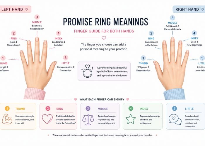Promise ring finger meanings chart showing symbolism for each finger.