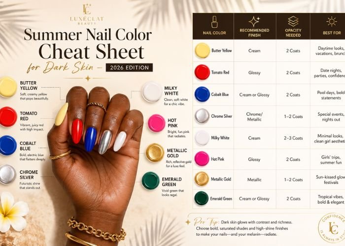 Infographic showing the best summer nail colors for dark skin tones in 2026, including butter yellow, tomato red, cobalt blue, chrome silver, and milky white.