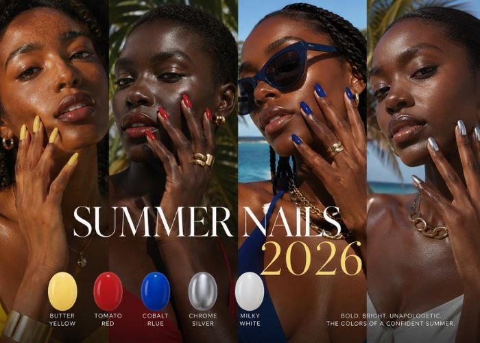 Summer nail colors for dark skin tones 2026 featuring butter yellow, cobalt blue, and chrome nails