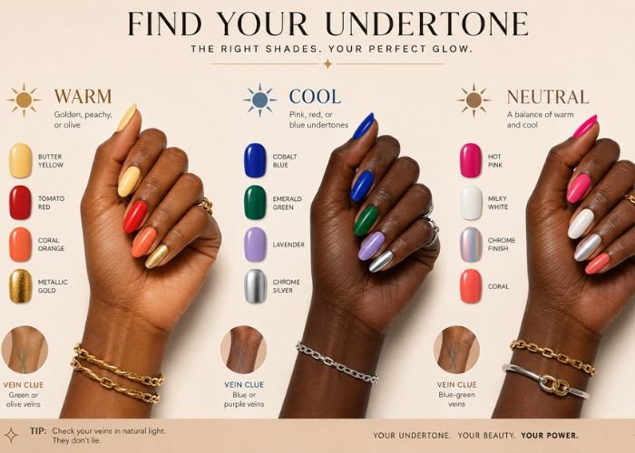 Infographic showing warm, cool, and neutral undertones with recommended summer nail colors for dark skin tones