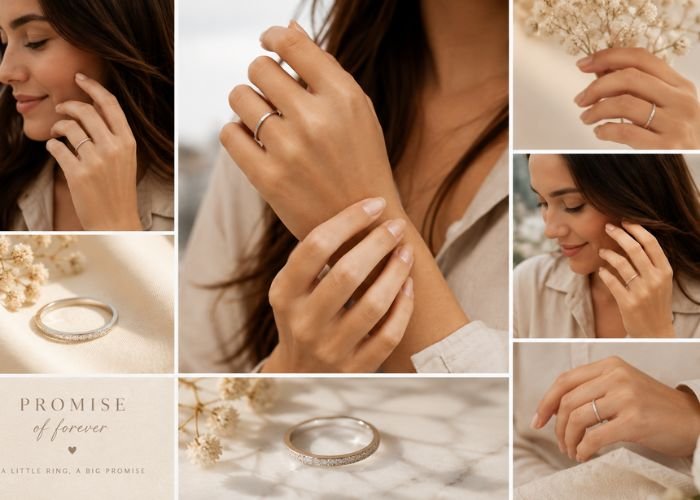 Woman wearing a promise ring on her left-hand ring finger.