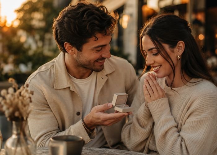 Person giving a promise ring to their partner during a meaningful relationship milestone.