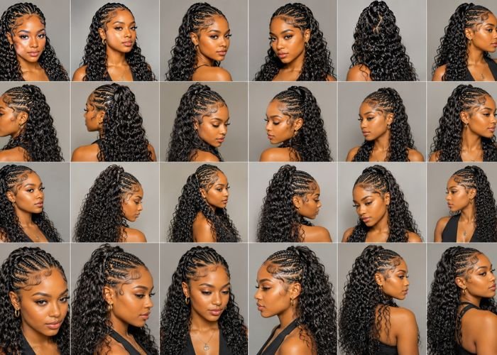 25 stunning Jayda Wayda braids hairstyles collage featuring stitch braids, curly ends, ponytails, and trendy protective braid styles for women