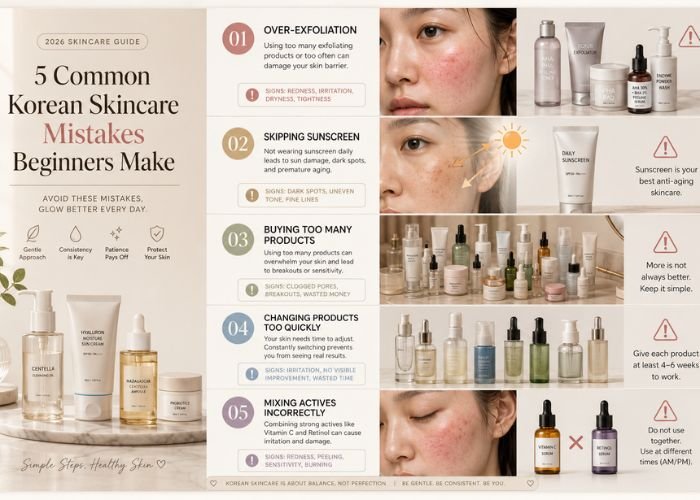 Beginner making common Korean skincare mistakes such as over-exfoliating, skipping sunscreen, and using too many skincare products in 2026