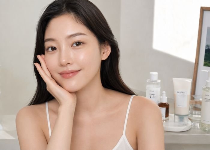 Woman following healthy Korean skincare trends in 2026 with glowing glass skin, minimalist skincare products, and natural beauty routine