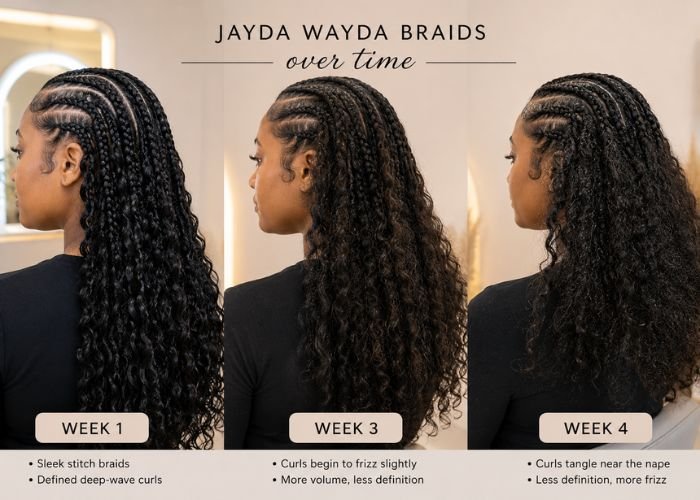 Woman wearing neatly styled Jayda Wayda braids demonstrating protective hairstyle care for long-lasting braids and scalp health.