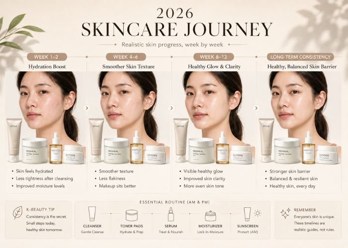 Korean skincare results timeline showing when hydration, acne, brightening, and anti-aging products start working