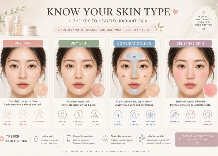 Woman checking facial skin in mirror to identify skin type at home using the blotting paper method