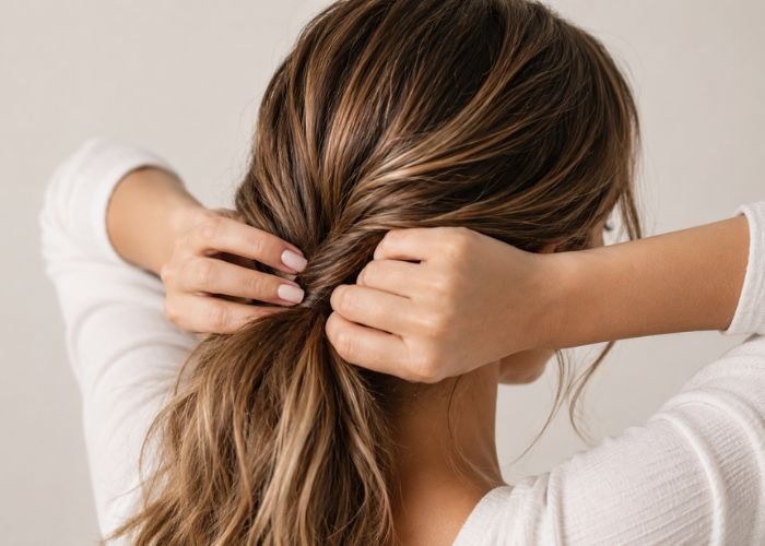 Gathering hair into a loose ponytail for a messy bun