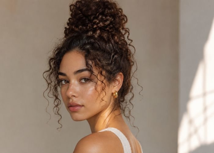 Curly messy bun hairstyle