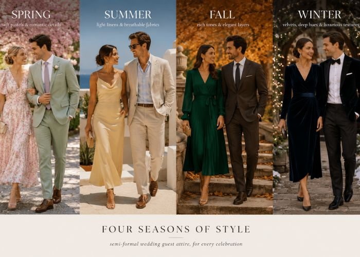 Seasonal semi-formal wedding attire