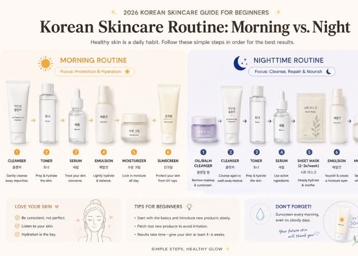 An educational skincare image showing the most common Korean skincare mistakes beginners should avoid in 2026, including over-exfoliation, skipping sunscreen, layering too many products, using the wrong skincare ingredients, and inconsistent skincare routines.