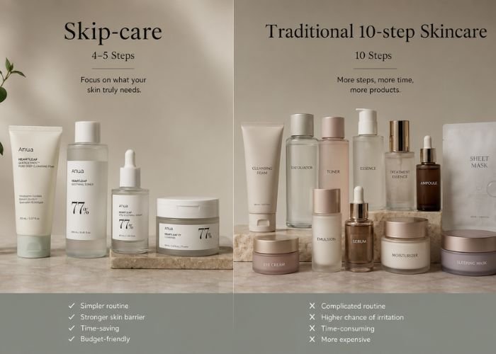 Side-by-side comparison of skip-care vs traditional Korean skincare routine showing minimalist skincare products and a full multi-step Korean skincare routine