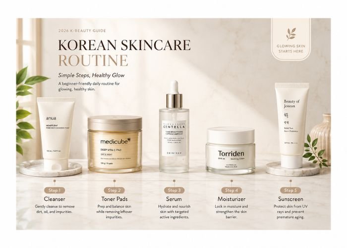Beginner following a step-by-step Korean skincare routine with cleanser, toner, serum, moisturizer, and sunscreen in 2026