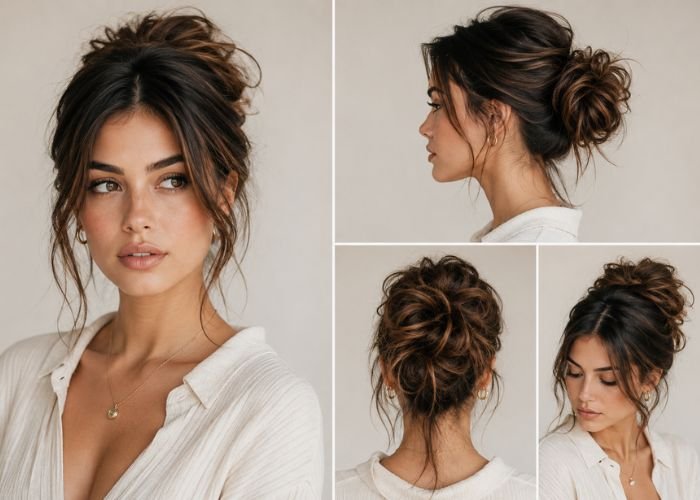 Woman wearing a stylish messy bun hairstyle for different hair types